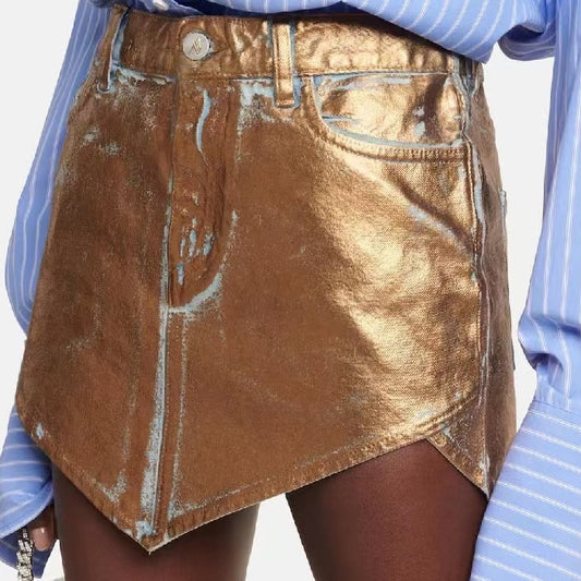 Gold Metallic Faux Leather Mini Skort Gomaki