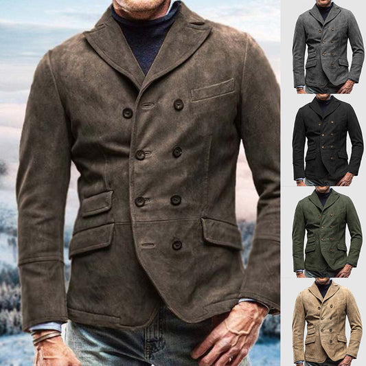 Men Vintage Suede Double Breasted Blazer Jacket Gomaki
