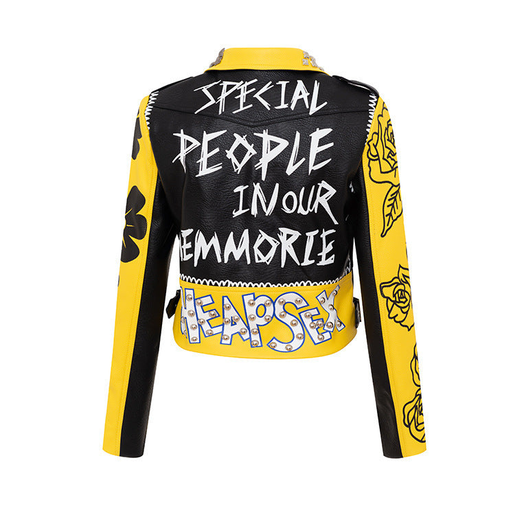 Yellow And Black PU Leather Biker Jacket Gomaki