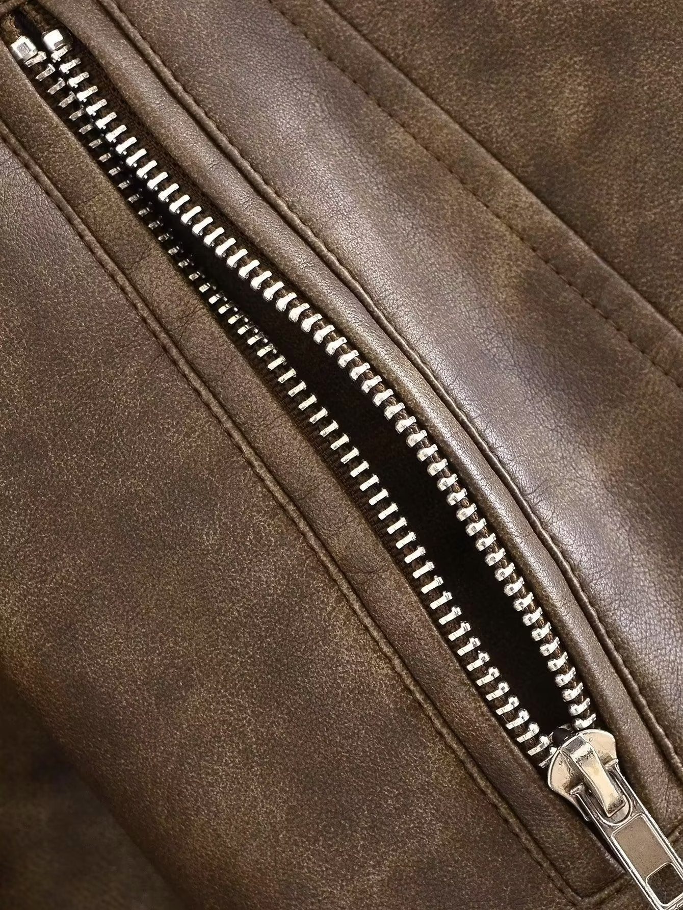 Vintage Brown Cropped PU Leather Biker Jacket Gomaki