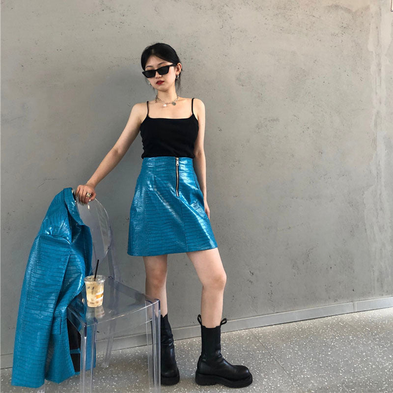 Genuine Leather Oversized Blazer Electric Blue Gomaki