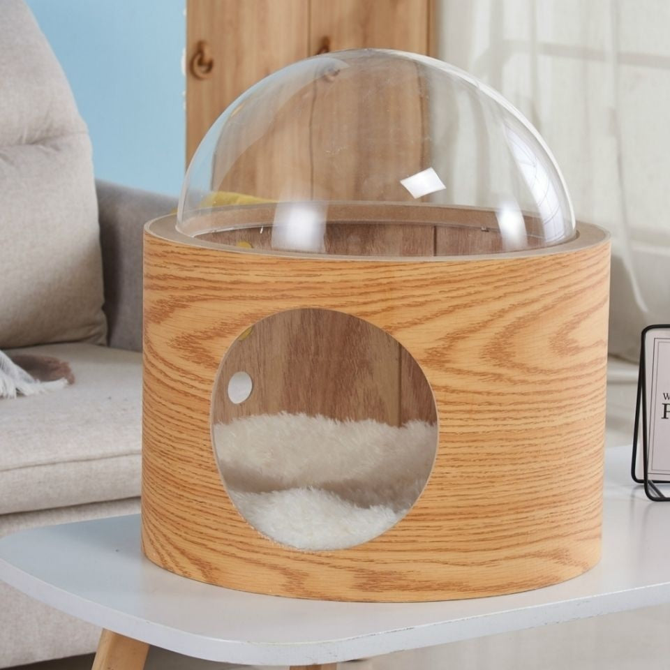 Luxury Transparent Cat Bed Wooden Capsule Design Gomaki