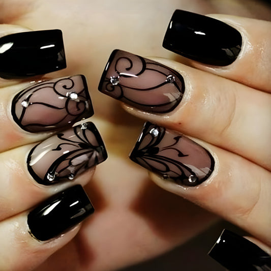 Black Gloss and Floral Art Press On Nails Gomaki