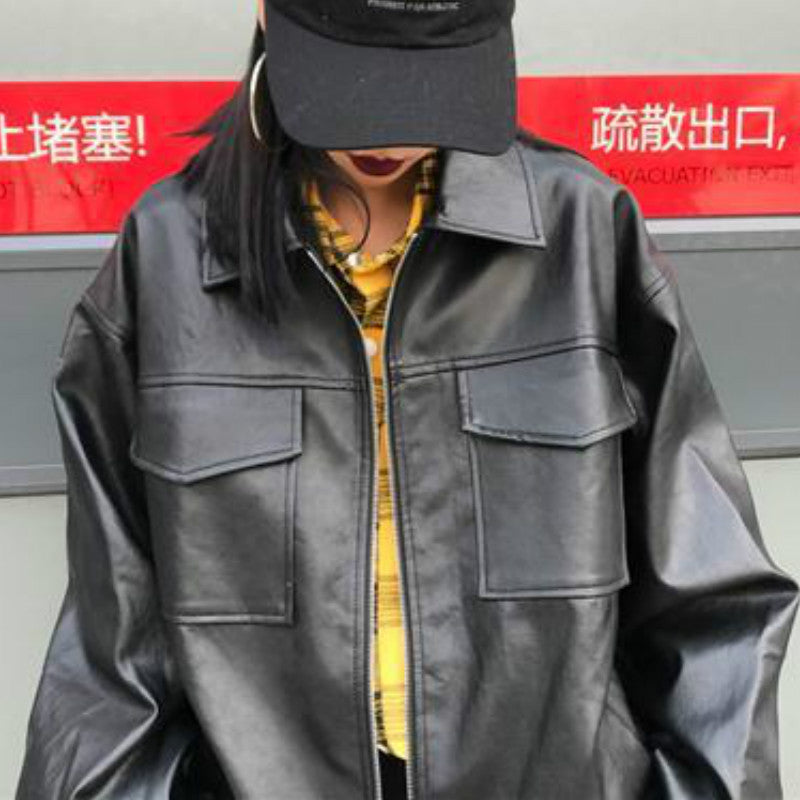 Oversized Genuine Leather Zip Jacket Gomaki