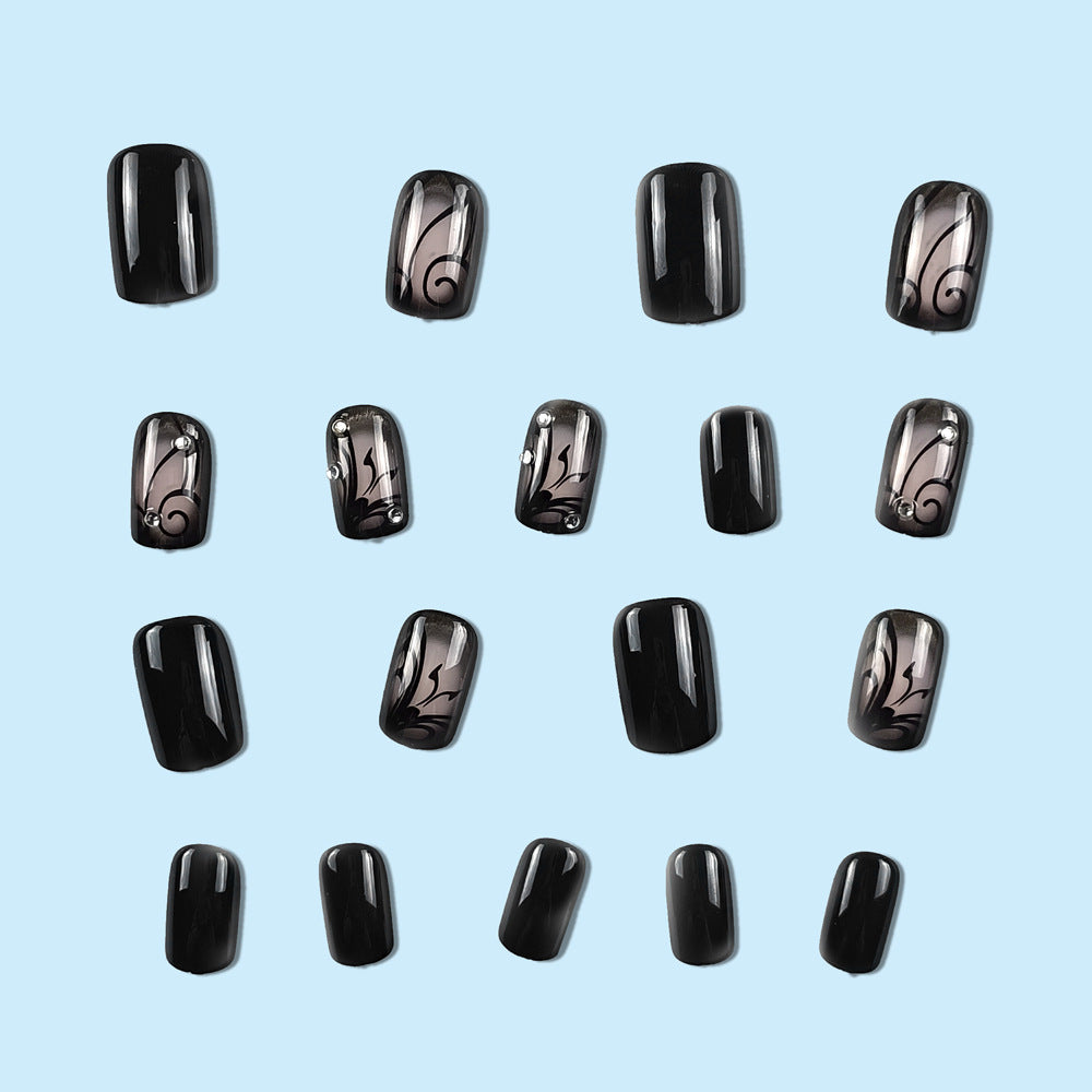 Black Gloss and Floral Art Press On Nails Gomaki