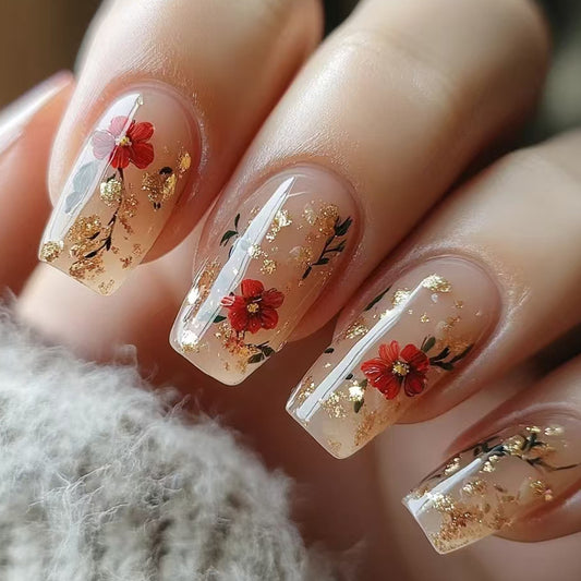 Gold Glitter Nail Tips Red Rose Gomaki