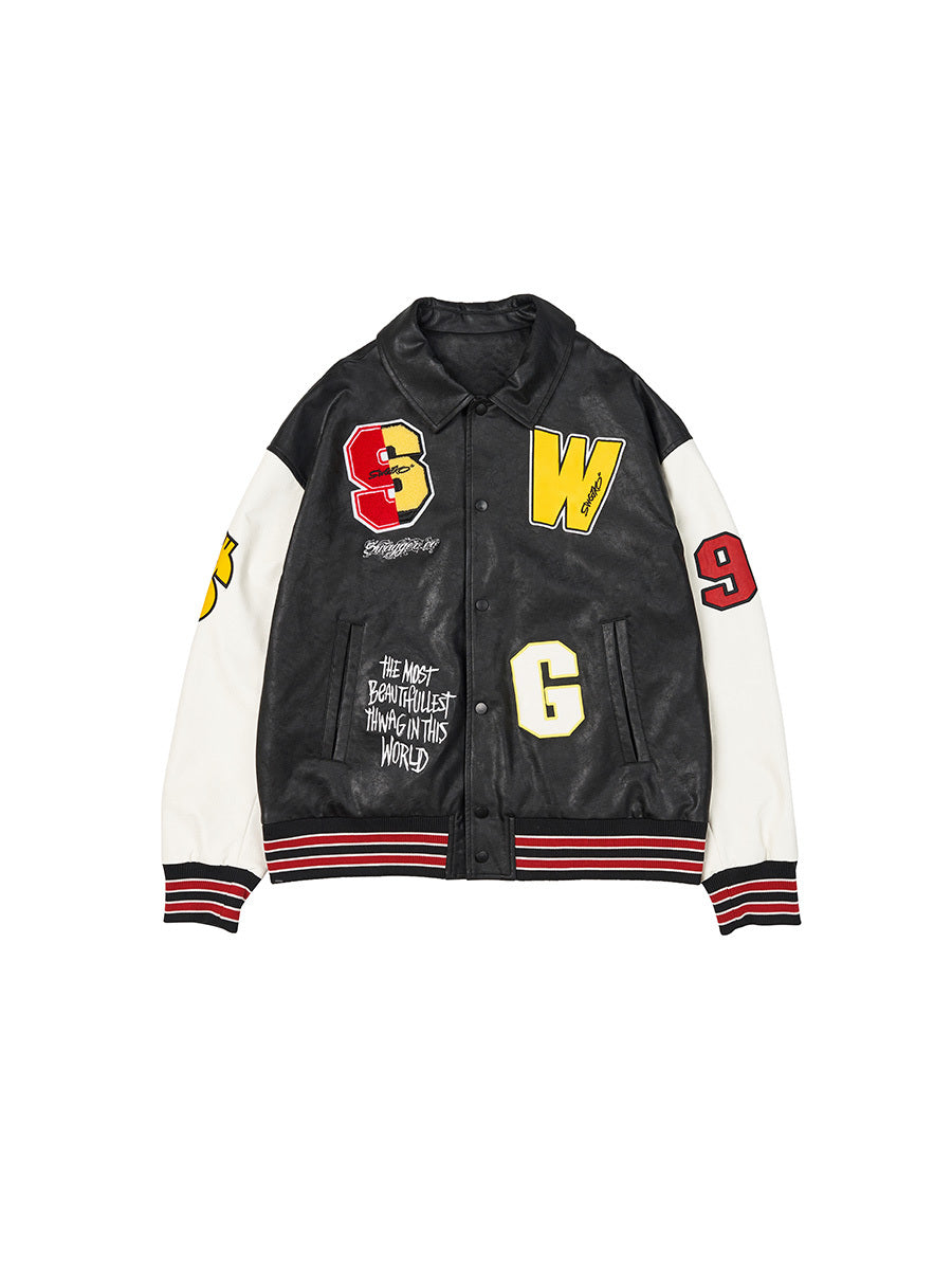 Men Statement Patch Leather Jacket Gomaki
