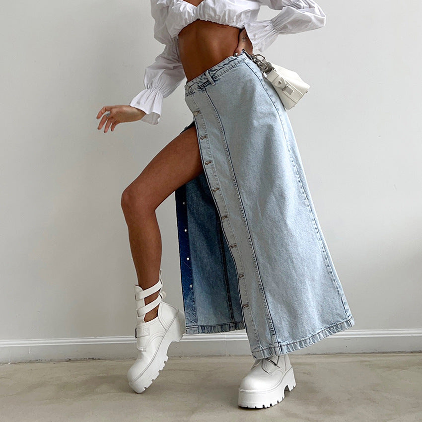 High Waist Light Wash Denim Maxi Skirt With Front Slit Gomaki
