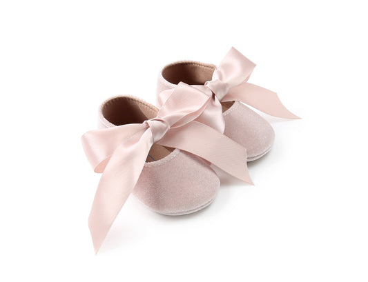 Velvet Baby Girl Shoes with Satin Ribbon Gomaki