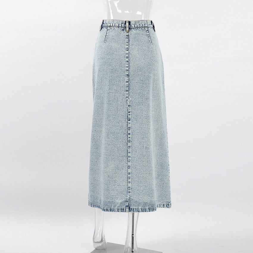 High Waist Light Wash Denim Maxi Skirt With Front Slit Gomaki