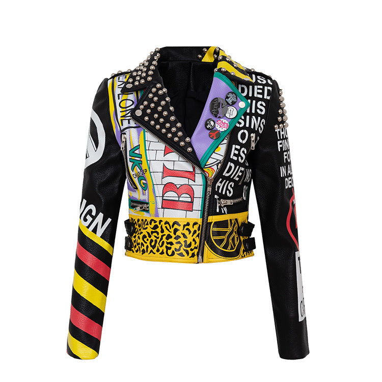Graphic Patchwork PU Leather Studded Biker Jacket Gomaki