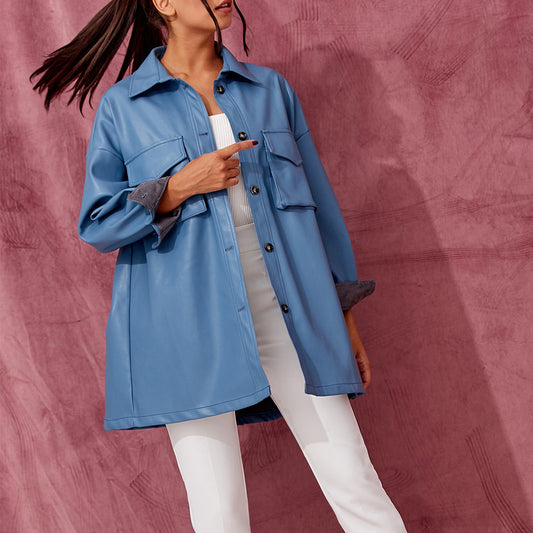 Blue Belted PU Leather Shirt Dress Gomaki Shop
