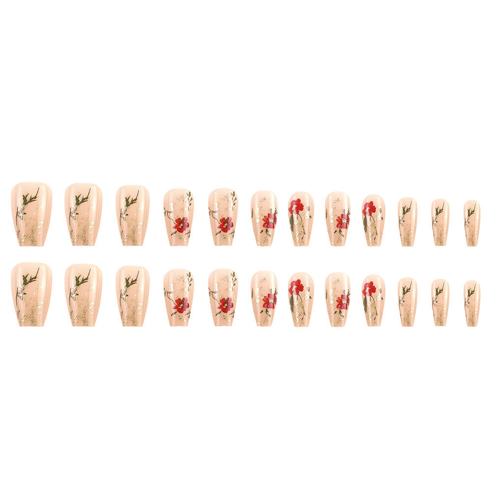 Gold Glitter Nail Tips Red Rose Gomaki