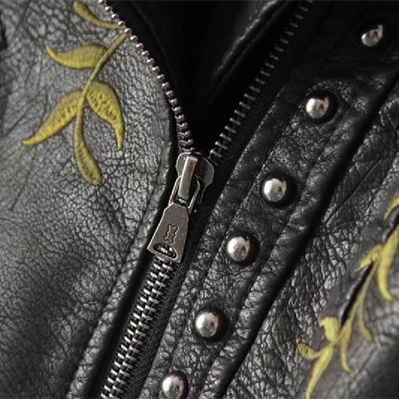 Black Floral Embroidered PU Leather Jacket Gomaki