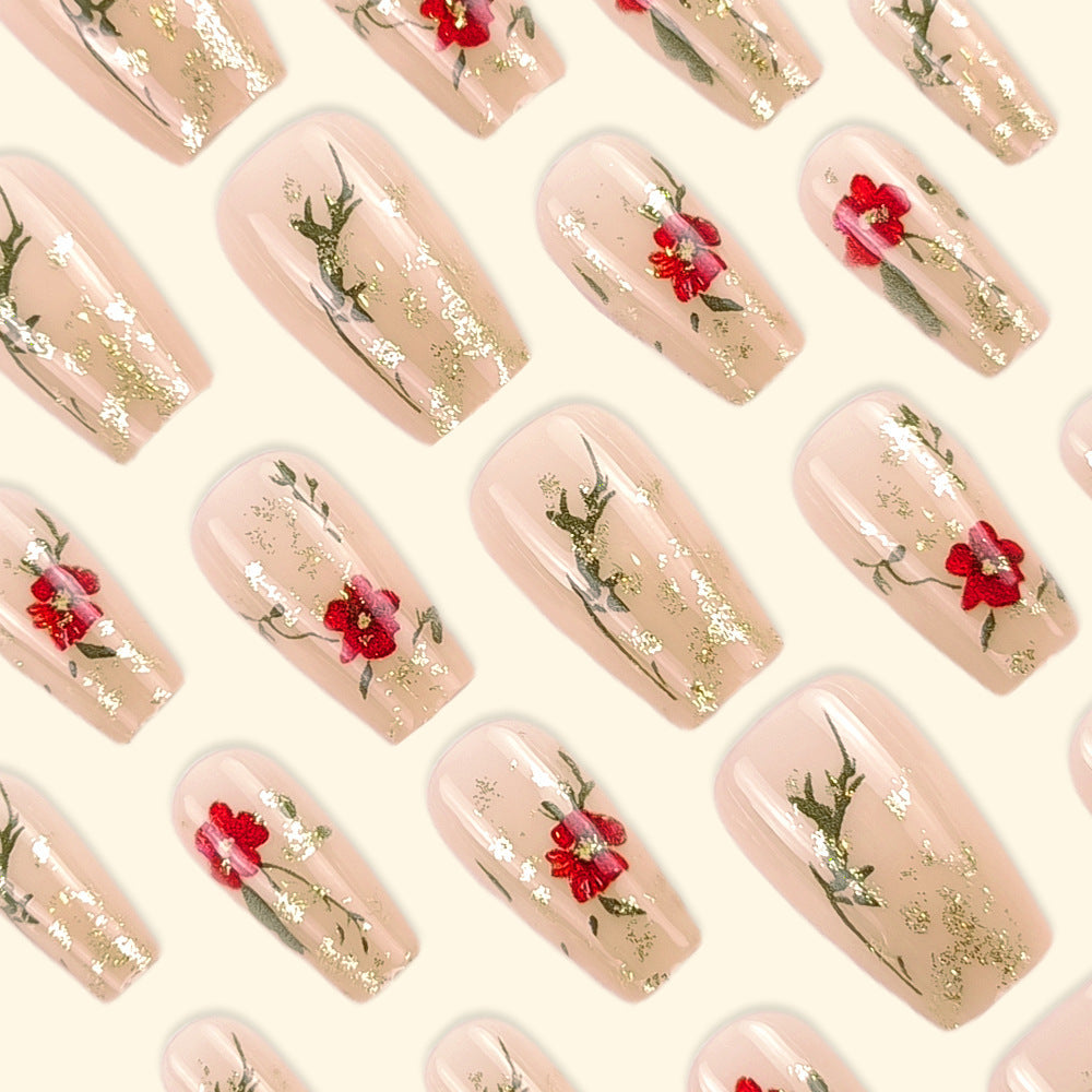 Gold Glitter Nail Tips Red Rose Gomaki