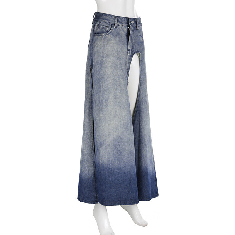 High Waist Vintage Denim Maxi Skirt Gomaki