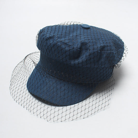 Women Denim Beret Cap With Veil Gomaki
