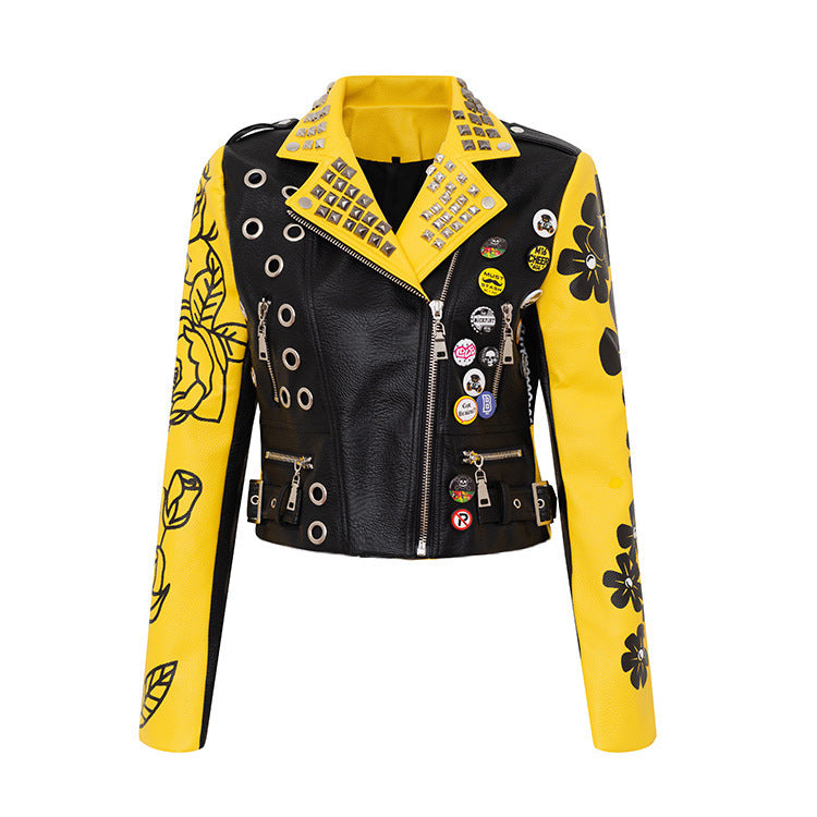 Yellow And Black PU Leather Biker Jacket Gomaki