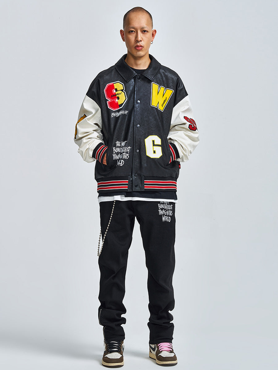 Men Statement Patch Leather Jacket Gomaki