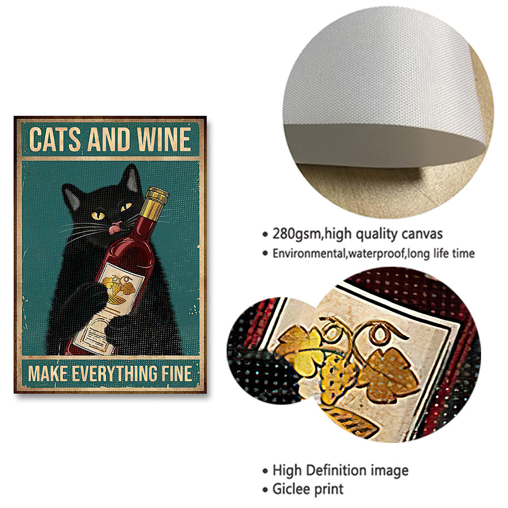 Vintage Cats and Wine Canvas Wall Sign Gomaki