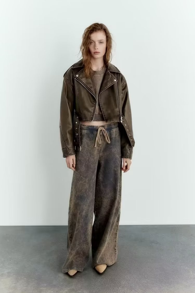 Vintage Brown Cropped PU Leather Biker Jacket Gomaki