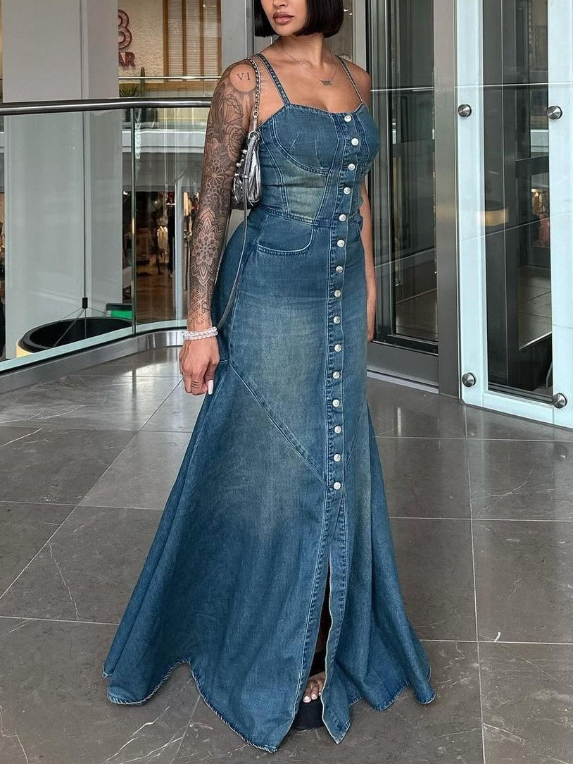 Women Denim Maxi Dress Gomaki