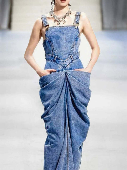 Luxury Draped Denim Maxi Dress Gomaki