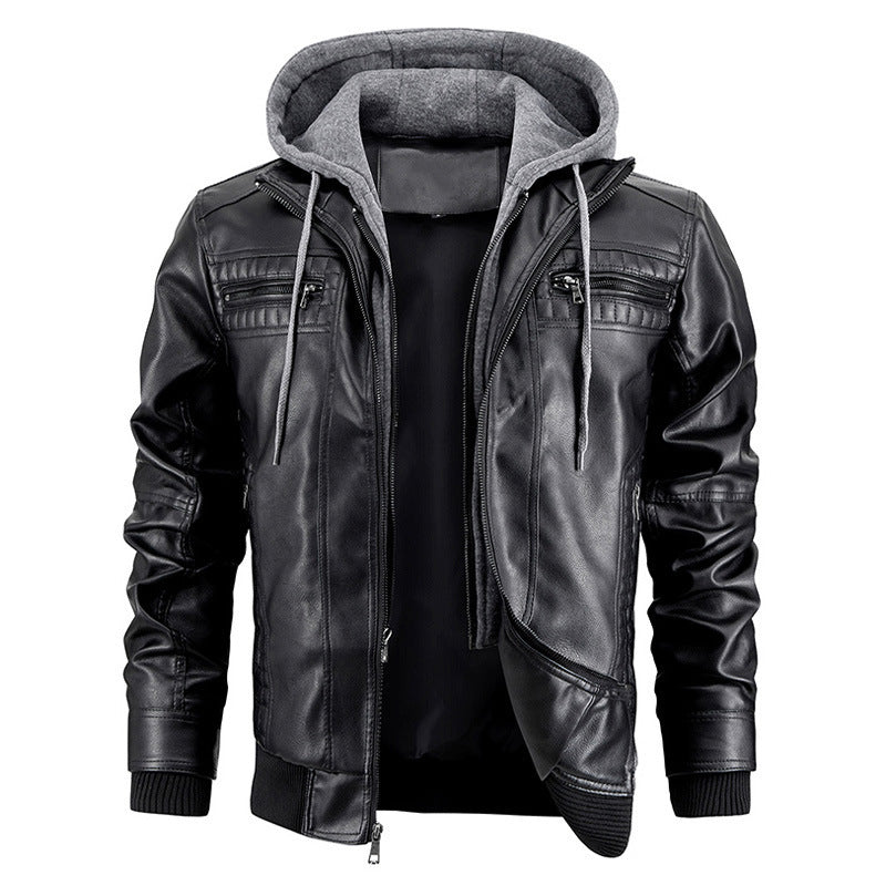 Men Faux Leather Jacket Removable Hood Gomaki