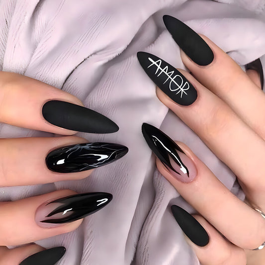 Matte and Glossy Black Almond Press On Nails Gomaki