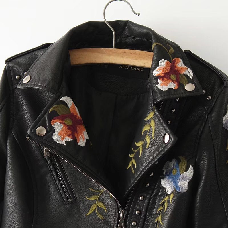 Black Floral Embroidered PU Leather Jacket Gomaki