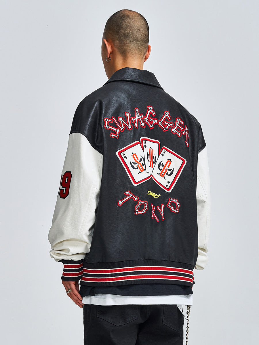 Men Statement Patch Leather Jacket Gomaki