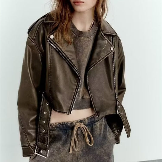 Vintage Brown Cropped PU Leather Biker Jacket Gomaki
