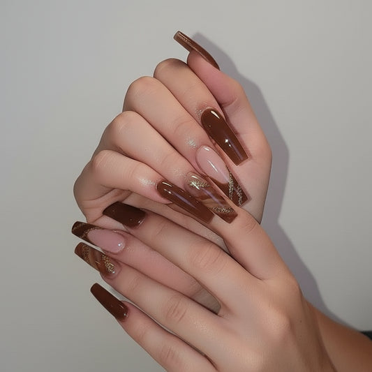 Luxury Brown Marble Coffin Press On Nails Gomaki