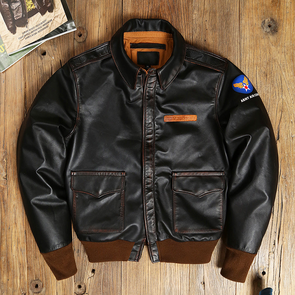 Men Genuine Leather Aviator Bomber Jacket Gomaki