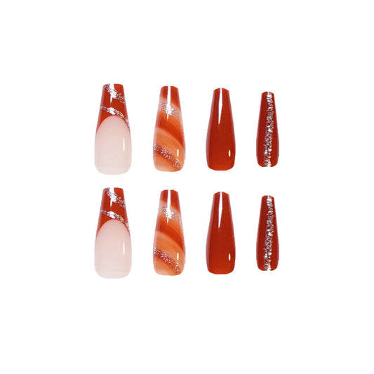 Luxury Brown Marble Coffin Press On Nails Gomaki