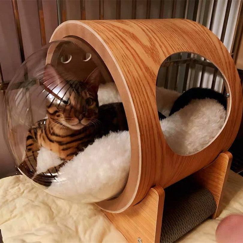 Luxury Transparent Cat Bed Wooden Capsule Design Gomaki