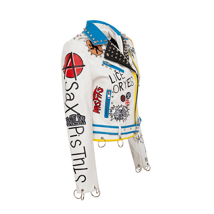 Colorblock PU Leather Studded Biker Jacket Gomaki