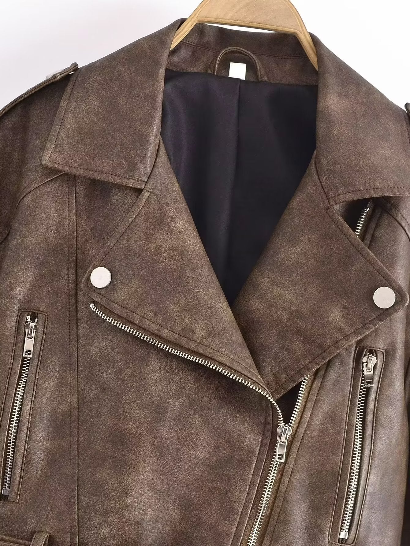 Vintage Brown Cropped PU Leather Biker Jacket Gomaki