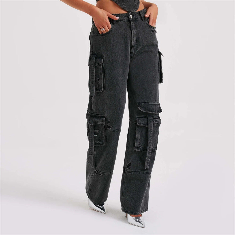 Women Suit Low Waist Stitching Jeans Pants Gomaki