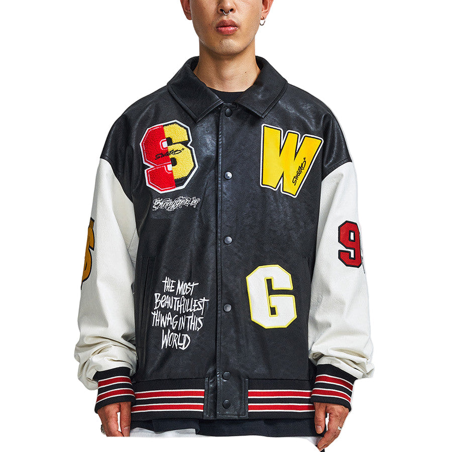 Men Statement Patch Leather Jacket Gomaki
