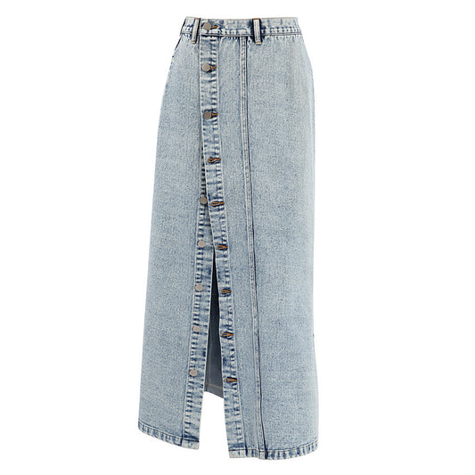 High Waist Light Wash Denim Maxi Skirt With Front Slit Gomaki