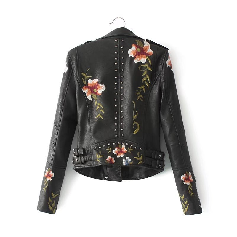 Black Floral Embroidered PU Leather Jacket Gomaki