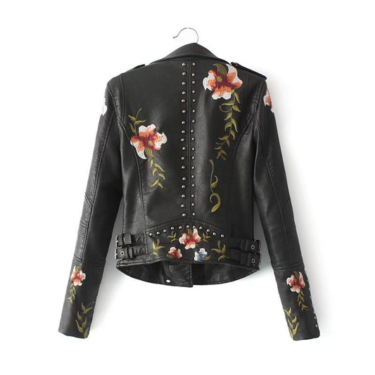 Black Floral Embroidered PU Leather Jacket Gomaki