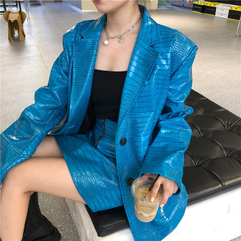 Genuine Leather Oversized Blazer Electric Blue Gomaki