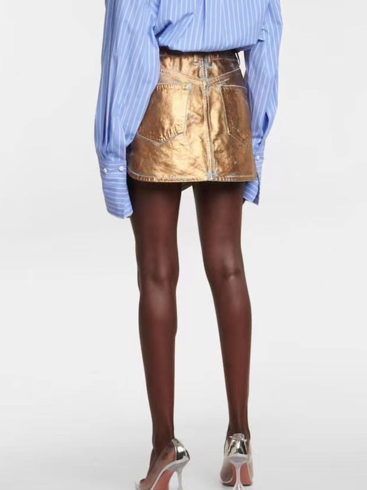 Gold Metallic Faux Leather Mini Skort Gomaki