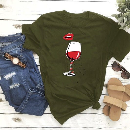 Women Graphic Wine Print T Shirt Gomaki