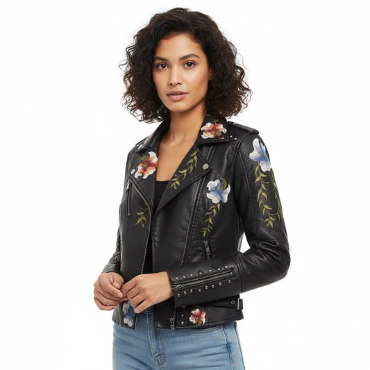 Black Floral Embroidered PU Leather Jacket Gomaki