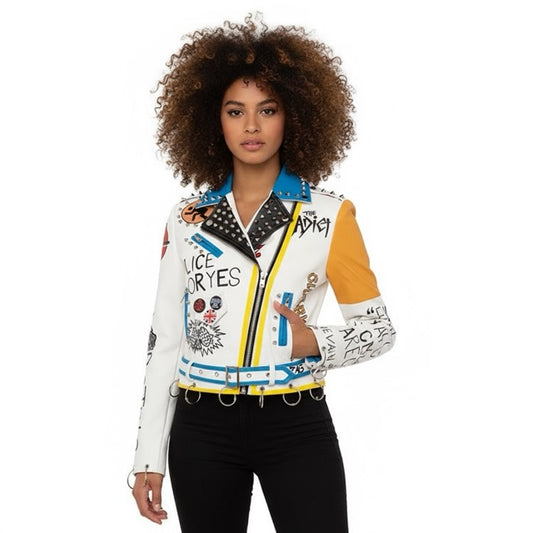 Colorblock PU Leather Studded Biker Jacket Gomaki