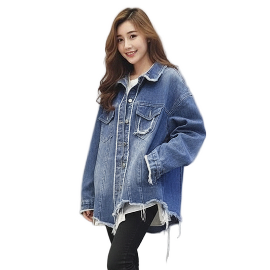 Women Oversized Distressed Denim Jacket Gomaki