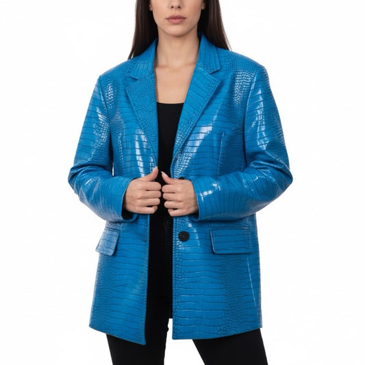 Genuine Leather Oversized Blazer Electric Blue Gomaki